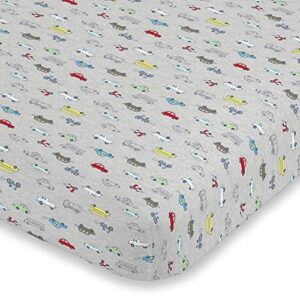 carter's busy cars & bikes crib sheet super soft mini crib fitted sheet, red, grey, yellow, blue