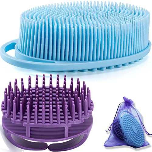 Silicone Body Scrubber for Shower, MICARA Set of 2 Soft Exfoliating Brush for bath with Gentle Scrub and Massage on Dry or Wet Sensitive Skin, Scalp, Back, Foot, Lathers Well as Handheld Loofah