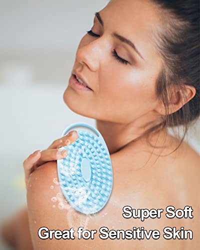Silicone Body Scrubber for Shower, MICARA Set of 2 Soft Exfoliating Brush for bath with Gentle Scrub and Massage on Dry or Wet Sensitive Skin, Scalp, Back, Foot, Lathers Well as Handheld Loofah