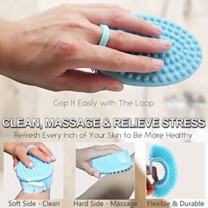 Silicone Body Scrubber for Shower, MICARA Set of 2 Soft Exfoliating Brush for bath with Gentle Scrub and Massage on Dry or Wet Sensitive Skin, Scalp, Back, Foot, Lathers Well as Handheld Loofah