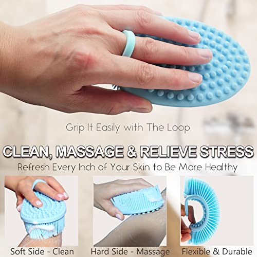 Silicone Body Scrubber for Shower, MICARA Set of 2 Soft Exfoliating Brush for bath with Gentle Scrub and Massage on Dry or Wet Sensitive Skin, Scalp, Back, Foot, Lathers Well as Handheld Loofah
