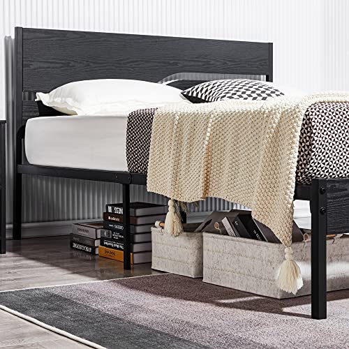 VECELO Platform Bed Frame Queen Size with Black Wood Headboard, Strong Metal Slats Support Mattress Foundation, No Box Spring Needed