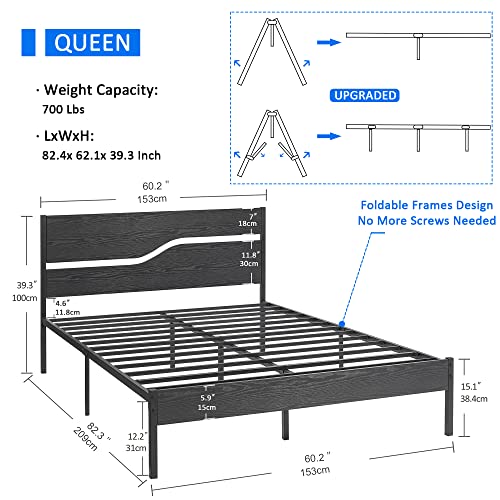 VECELO Platform Bed Frame Queen Size with Black Wood Headboard, Strong Metal Slats Support Mattress Foundation, No Box Spring Needed