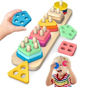 montessori toys for 1 2 3 year old boys and girls, wood sorting and stacking toys for toddlers learning color and shape sorter preschool toy kids wood gifts