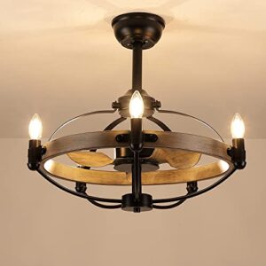 madshne 24" caged ceiling fan with lights and remote,small rustic farmhouse ceiling fan,black bladeless candle chandelier ceiling fan, reversible (bulbs included)