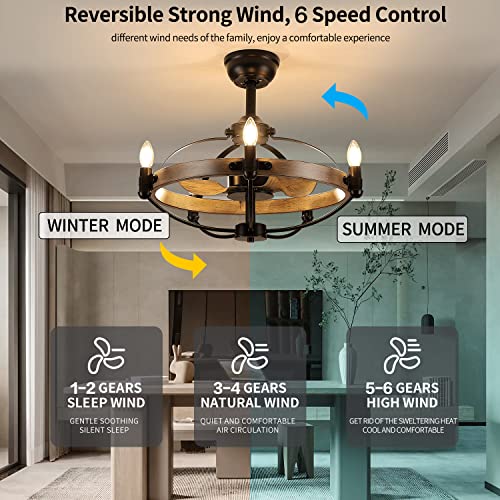 MADSHNE 24" Caged Ceiling Fan with Lights and Remote,Small Rustic Farmhouse Ceiling Fan,Black Bladeless Candle Chandelier Ceiling Fan, Reversible (Bulbs Included)