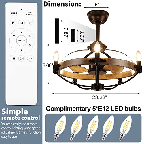 MADSHNE 24" Caged Ceiling Fan with Lights and Remote,Small Rustic Farmhouse Ceiling Fan,Black Bladeless Candle Chandelier Ceiling Fan, Reversible (Bulbs Included)