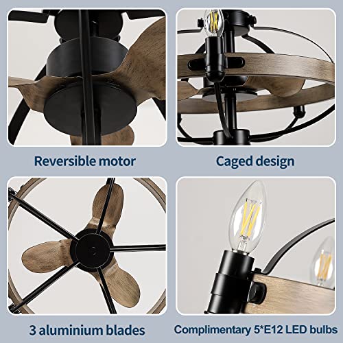 MADSHNE 24" Caged Ceiling Fan with Lights and Remote,Small Rustic Farmhouse Ceiling Fan,Black Bladeless Candle Chandelier Ceiling Fan, Reversible (Bulbs Included)