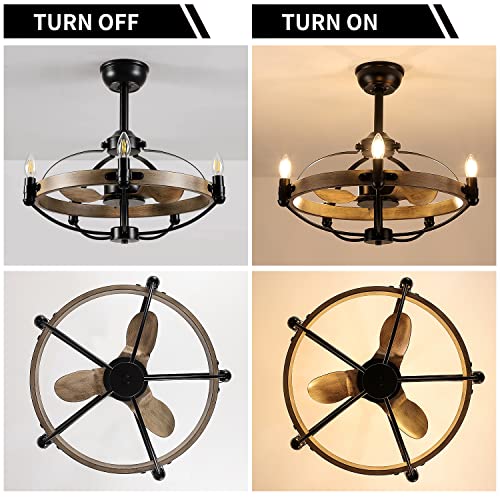 MADSHNE 24" Caged Ceiling Fan with Lights and Remote,Small Rustic Farmhouse Ceiling Fan,Black Bladeless Candle Chandelier Ceiling Fan, Reversible (Bulbs Included)