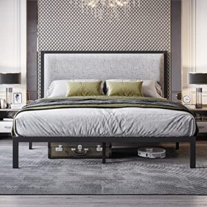 allewie queen size platform bed frame with upholstered headboard, metal structure, wood slat support, mattress foundation - no box spring needed - grey