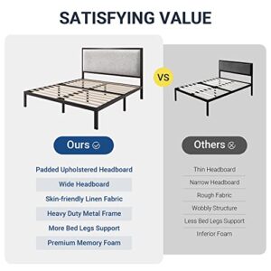 Allewie Queen Size Platform Bed Frame with Upholstered Headboard, Metal Structure, Wood Slat Support, Mattress Foundation - No Box Spring Needed - Grey