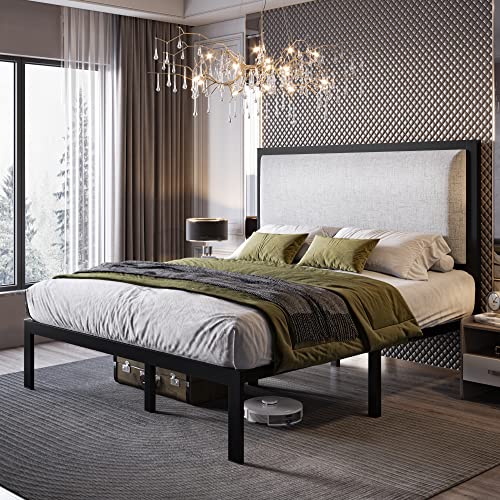 Allewie Queen Size Platform Bed Frame with Upholstered Headboard, Metal Structure, Wood Slat Support, Mattress Foundation - No Box Spring Needed - Grey