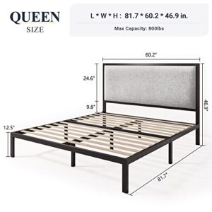 Allewie Queen Size Platform Bed Frame with Upholstered Headboard, Metal Structure, Wood Slat Support, Mattress Foundation - No Box Spring Needed - Grey