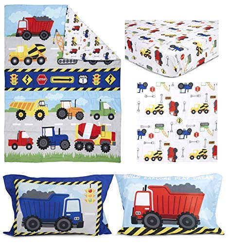 Funhouse 4 Piece Toddler Bedding Set - Includes Quilted Comforter, Fitted Sheet, Top Sheet, and Pillow Case - Construction Car and Truck Design for Boys Bed (Pack of 1)