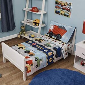 Funhouse 4 Piece Toddler Bedding Set - Includes Quilted Comforter, Fitted Sheet, Top Sheet, and Pillow Case - Construction Car and Truck Design for Boys Bed (Pack of 1)