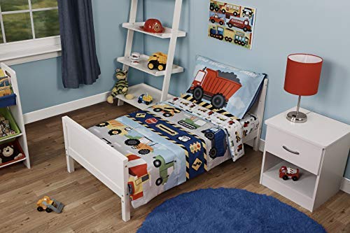 Funhouse 4 Piece Toddler Bedding Set - Includes Quilted Comforter, Fitted Sheet, Top Sheet, and Pillow Case - Construction Car and Truck Design for Boys Bed (Pack of 1)