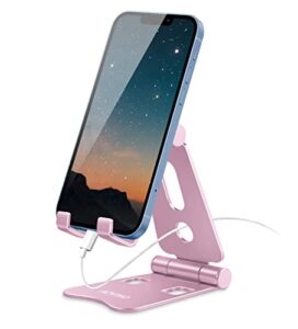 aoviho adjustable cell phone stand desktop phone holder - updated fully foldable stand for iphone 12 13 11 x xr xs max 8 7 6 plus samsung ipad mini kindle (rose gold)