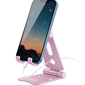 Aoviho Adjustable Cell Phone Stand Desktop Phone Holder - Updated Fully Foldable Stand for iPhone 12 13 11 X XR XS max 8 7 6 Plus Samsung iPad Mini Kindle (Rose Gold)