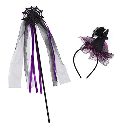 2 Pack Halloween Dressing Set Wand Vintage Witch Hat Headband Hairband Spider Mesh Purple Costume Accessories for Halloween Party Cosplay Themed Party