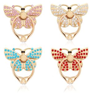 cobee cell phone ring holder stands, 4 pcs butterfly phone ring holders with rhinestones glitter butterfly finger kickstand metal hand grip with knob loop 180°/360° rotation kickstands(4 colors)