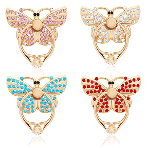 cobee Cell Phone Ring Holder Stands, 4 Pcs Butterfly Phone Ring Holders with Rhinestones Glitter Butterfly Finger Kickstand Metal Hand Grip with Knob Loop 180°/360° Rotation Kickstands(4 Colors)