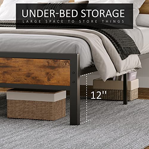AMERLIFE Queen Size Bed Frame Industrial Platform Bed with Charging Station, 2-Tier Storage Headboard/No Box Spring Needed/Noise-Free/Dark Brown