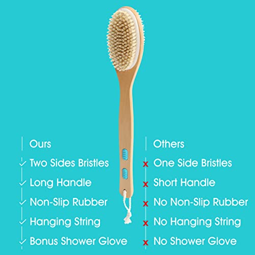 Back Brush for Shower and Bath (Shower Body Brush), Long Handled Body Brush, Two Sided Back Brush with Hard and Soft Bristles (Body Scrubber), Shower Back Scrubber (Bath Brush) with Exfoliating Glove