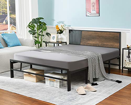 Alecono Heavy Duty Full Metal Bed Frame with Wood Headboard, Non-Slip Sturdy Steel Bed Platform Mattress Foundation No Box Spring Needed, Black