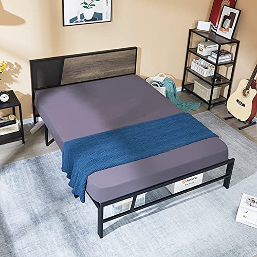 Alecono Heavy Duty Full Metal Bed Frame with Wood Headboard, Non-Slip Sturdy Steel Bed Platform Mattress Foundation No Box Spring Needed, Black