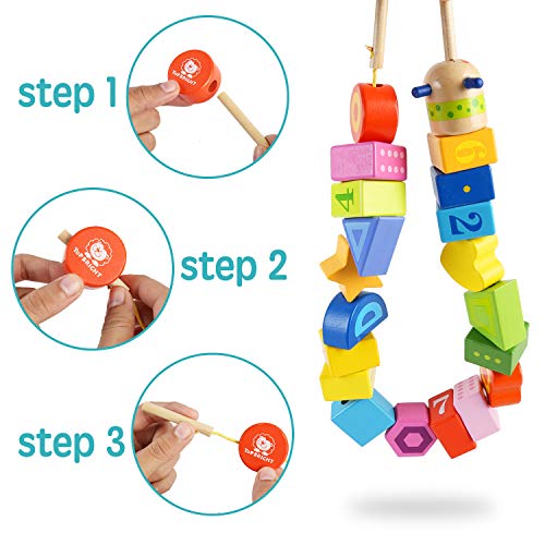 TOP BRIGHT Wooden Lacing Beads Toddler Toys for 2 Year Old Girl and Boy Gifts, Stringing Beads Educational Toys for 18 Month Old