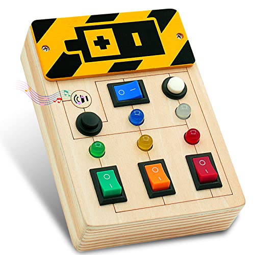 Toddler Toys Busy Board Montessori Toys Sensory Toys for Toddlers 1 2 3 4 Years Old, Wooden Travel Light Up Busy Board Toys with Buttons to Push Educational Learning Fidget Toy for Boy Girls Gifts