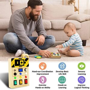 Toddler Toys Busy Board Montessori Toys Sensory Toys for Toddlers 1 2 3 4 Years Old, Wooden Travel Light Up Busy Board Toys with Buttons to Push Educational Learning Fidget Toy for Boy Girls Gifts
