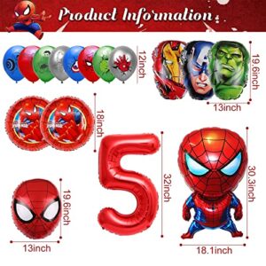 16PCS Superhero Birthday Party Balloons Spider Foil Balloons，Children's Superhero Theme 5th Birthday Party Decorations (5 Years old)