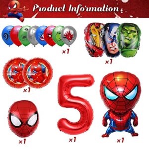 16PCS Superhero Birthday Party Balloons Spider Foil Balloons，Children's Superhero Theme 5th Birthday Party Decorations (5 Years old)