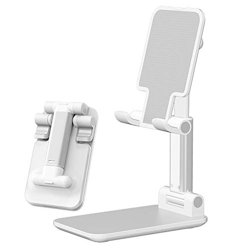 LOBKIN Phone Stand for Desk, Foldable Portable Adjustable Tablet Cell Phone Holder Charging Dock Cellphone Holder Office, Sturdy Mobile Stand Hand Metal Desktop iPhone Stand (White)