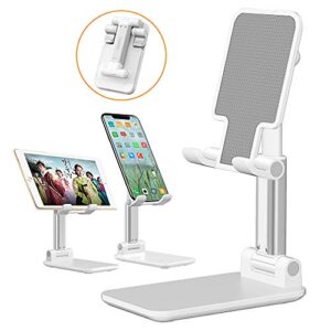 LOBKIN Phone Stand for Desk, Foldable Portable Adjustable Tablet Cell Phone Holder Charging Dock Cellphone Holder Office, Sturdy Mobile Stand Hand Metal Desktop iPhone Stand (White)