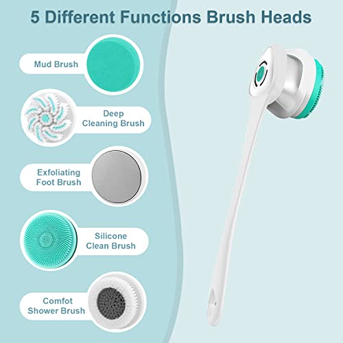 JTSea Electric Body Brush Facial Cleansing Brush Rechargeable Back Washer for Shower Long Handle Exfoliating Rotating Scrubber for Shower Bathing Cleaner Wash Deep Cleaning, Perfect for Women & Men