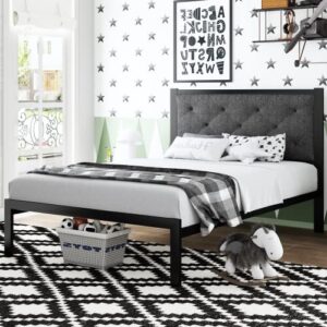 sha cerlin twin size metal platform bed frame with fabric upholstered button tufted headboard, mattress foundation with 17 strong metal slats support, no box spring needed, easy assembly, dark grey