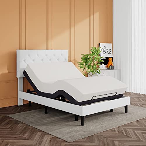 SHA CERLIN Full Size Bed Frame with Button Tufted Headboard, Faux Leather Upholstered Mattress Foundation, Platform Bed Frame, Wooden Slat Support, No Box Spring Needed, White