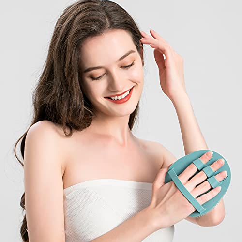 2 Pack Soft Silicone Shower Brush, Body & Face & Short Hair Wash, Bath Exfoliating Skin Massage Scrubber, Dry Skin Brushing Glove Loofah, Fit for Sensitive and All Kinds of Skin (PeonyPink+Green)