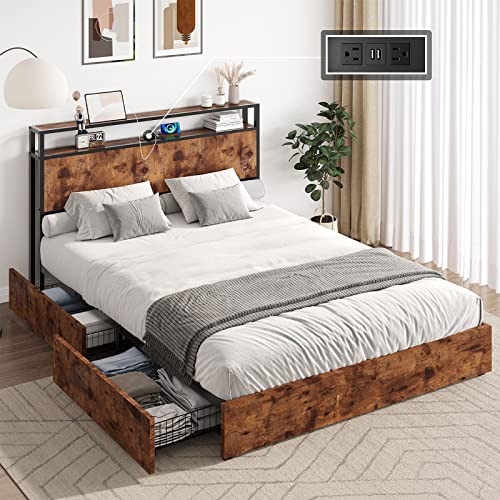 AMERLIFE Full Size Storage Bed Frame, Wooden Platform Bed with Charging Station, 4 Drawers & Headboard/No Box Spring Needed/Noise-Free/Dark Brown