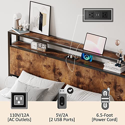 AMERLIFE Full Size Storage Bed Frame, Wooden Platform Bed with Charging Station, 4 Drawers & Headboard/No Box Spring Needed/Noise-Free/Dark Brown