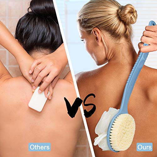 2 Pack Back Scrubber for Shower, EAONE Bath Body Brush with Bristles and Loofah, Loofah On a Stick Back Washer Mesh Sponge Long Handle Exfoliating Body Brush for Men and Women (Blue&White)