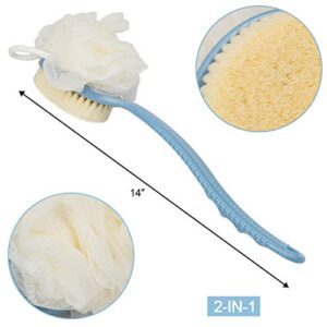 2 Pack Back Scrubber for Shower, EAONE Bath Body Brush with Bristles and Loofah, Loofah On a Stick Back Washer Mesh Sponge Long Handle Exfoliating Body Brush for Men and Women (Blue&White)