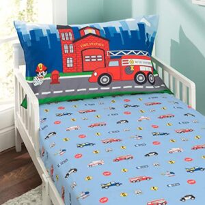 everyday kids toddler fitted sheet and pillowcase set -fire police rescue- soft breathable microfiber toddler sheet set