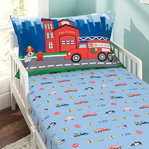 EVERYDAY KIDS Toddler Fitted Sheet and Pillowcase Set -Fire Police Rescue- Soft Breathable Microfiber Toddler Sheet Set