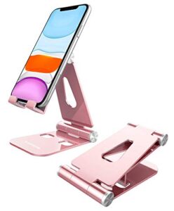 lucrave cell phone stand, updated adjustable desktop phone holder cradle,fully foldable, compatible with all phones android and iphone 11 max xs xr 8 7 plus, ipad mini, tablets(7-10")-rose gold