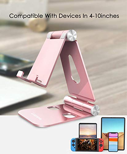 Lucrave Cell Phone Stand, Updated Adjustable Desktop Phone Holder Cradle,Fully Foldable, Compatible with All Phones Android and iPhone 11 Max Xs Xr 8 7 Plus, iPad Mini, Tablets(7-10")-Rose Gold