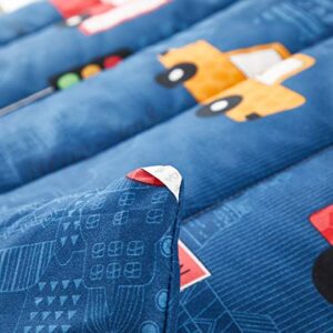 Boys Toddler Bedding Set Navy with Colorful Cars Includes 1 Boys Comforter, Flat Sheet, Fitted Sheet and Pillowcase