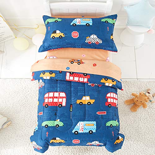 Boys Toddler Bedding Set Navy with Colorful Cars Includes 1 Boys Comforter, Flat Sheet, Fitted Sheet and Pillowcase